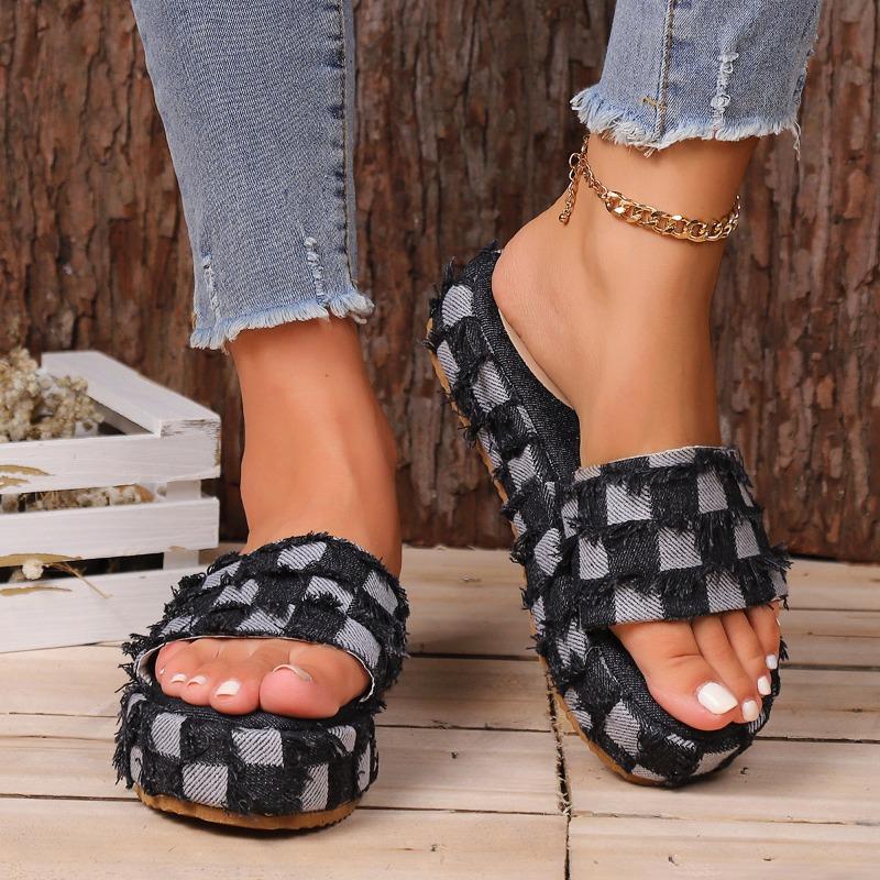 Women's Summer New Slippers with Fur Casual Denim Thousand Bird Plaid Fringed Thick-sole Slippers