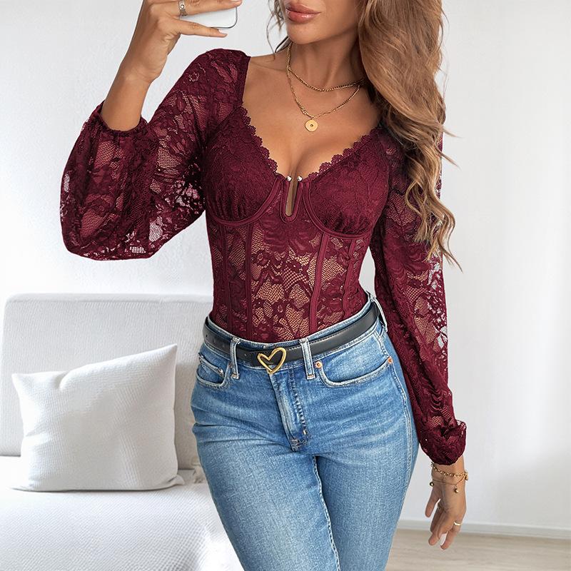 YYFS Damenmode Lässig Einfarbig Druck Frühling Herbst Langarm V-Ausschnitt Bodys