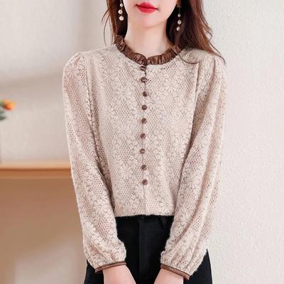 Women Spring Floral Lace Blouse Contrast Trim Long Sleeve Button Front Elegant Top