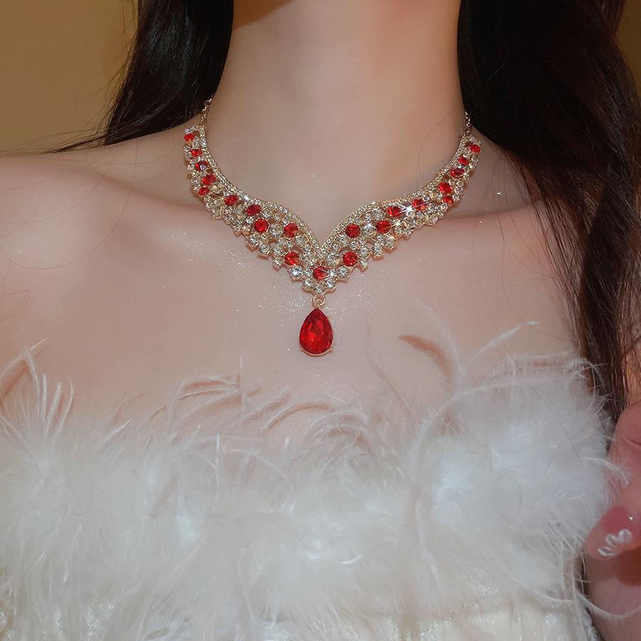 Two-Piece Rhinestone Inlaid Water Drop Earrings & Necklace - European Retro Luxury Style for Women