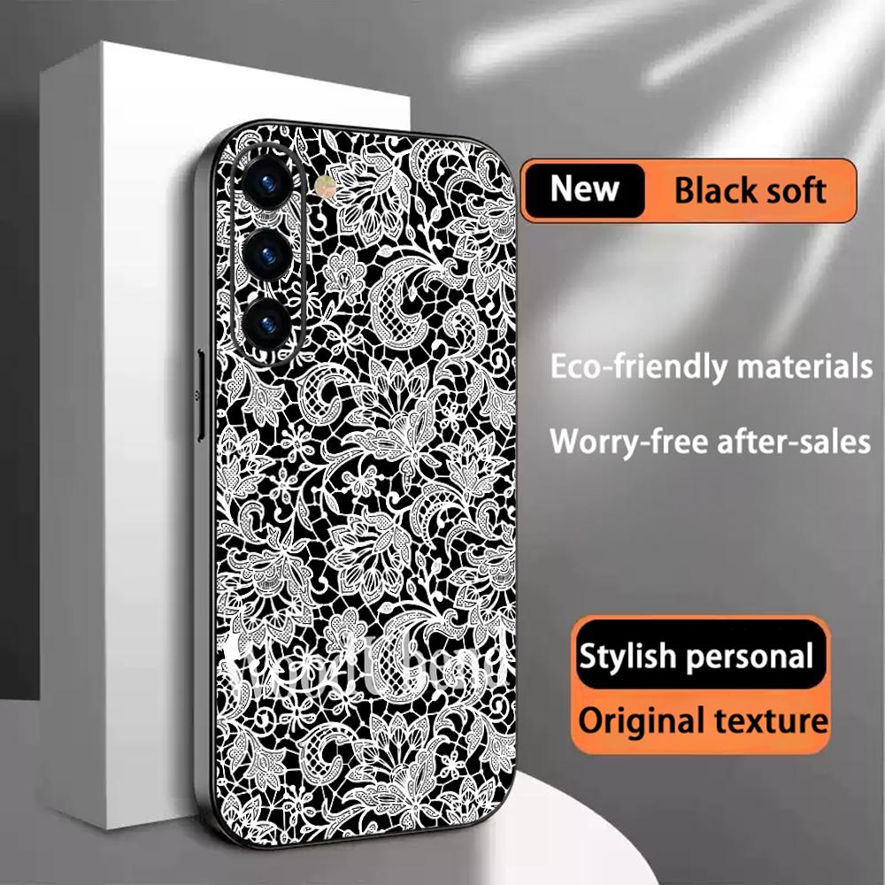 Lace print Black art pattern design Phone Case For Samsung Galaxy S26 S25 S24 S23 S22 S21 Plus Ultra Note20 Soft Black