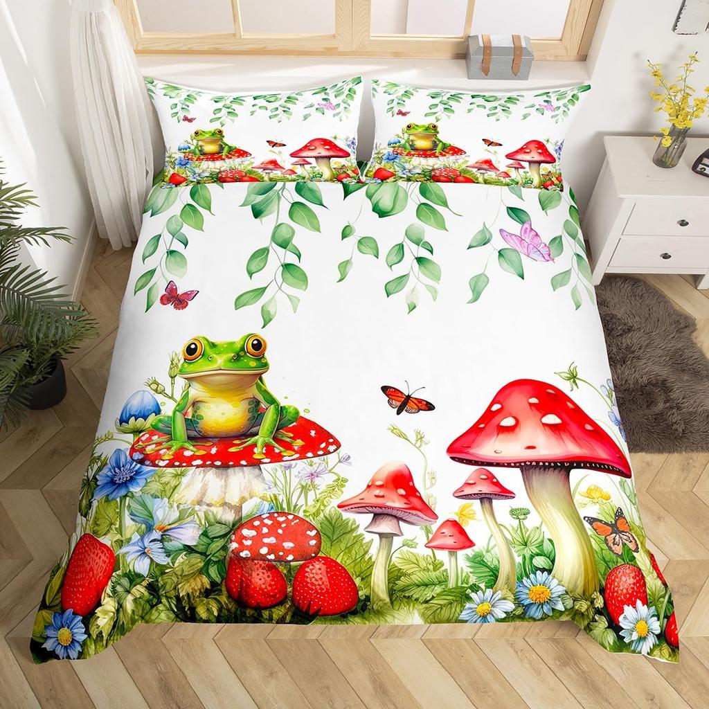 Cartoon Mushroom Frog Duvet Cover Twin Size,Cute Kawaii Green Animal Comforter Cover Maple Leaves Hazelnut Plant Quilt Cover