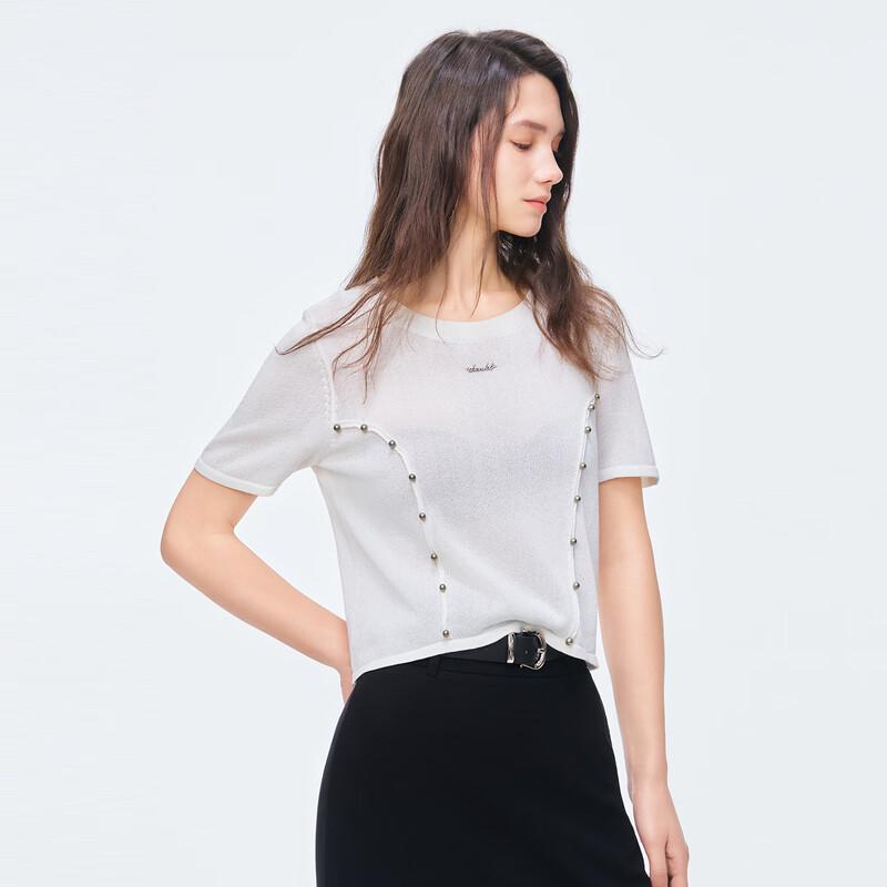 Beaded Metal Letter Commuter Short-Sleeve Knit Top XL