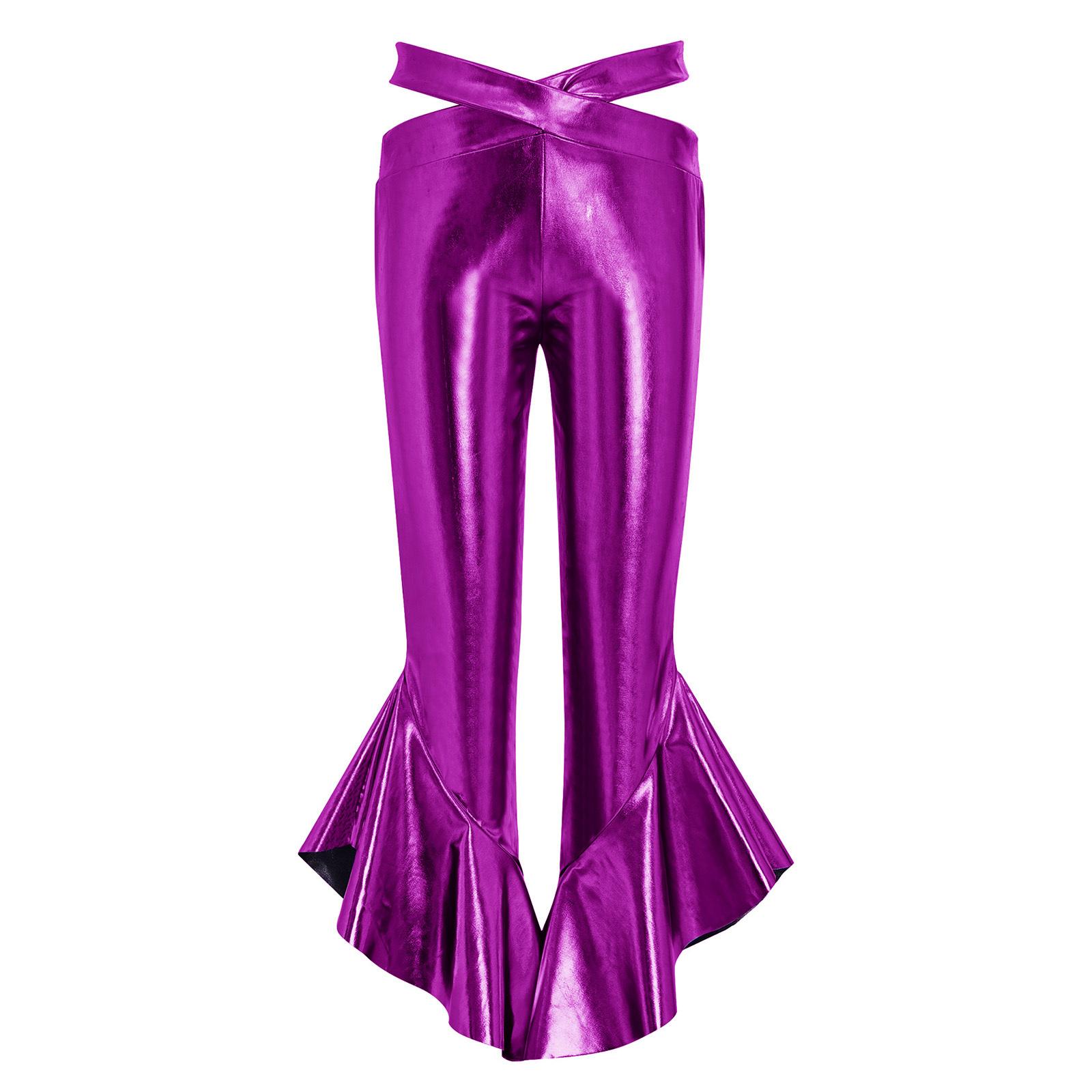 

Girls Metallic Flared Pants Cross Waistband Ruffles Bell Bottom Trousers Disco Dance 5-6 Years фіолетовий