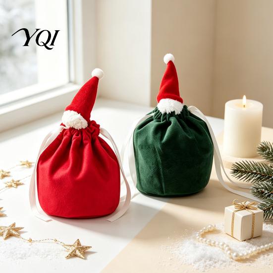 Christmas Party Table Decorations Drawstring Gift Bags with Santa Hat, Reusable Velvet Xmas Goodie Sacks, Festive Eve Treat Pouches Candy Apple Pouch