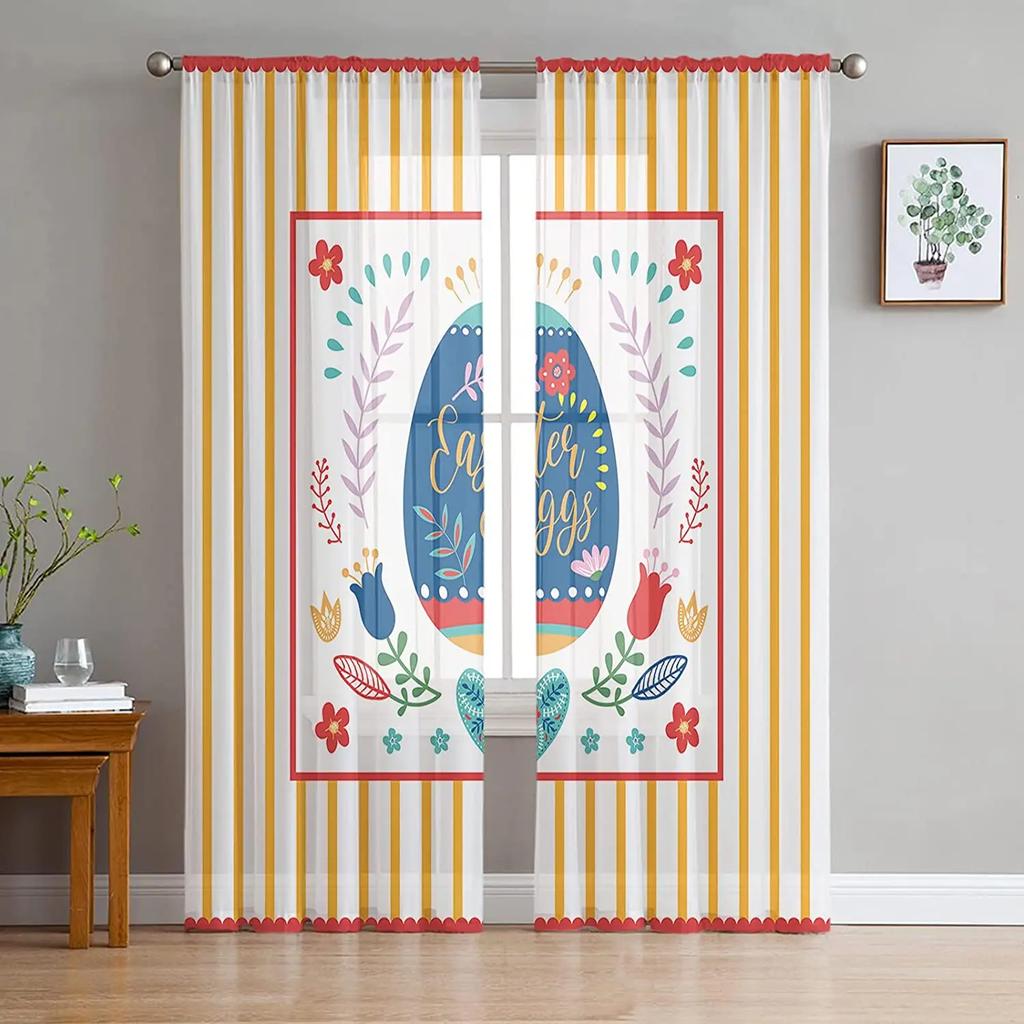 Sheer Easter Window Curtains Bedroom Living Room Egg Bunny Spring Flower Chiffon Voile Drapes Curtain Made Of Polyester Washable Sitting Ready