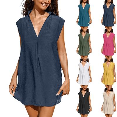 Women's Summer Dresses Casual Sleeveless Deep V-Neck Cotton And Linen Beach Sunscreen Dresses