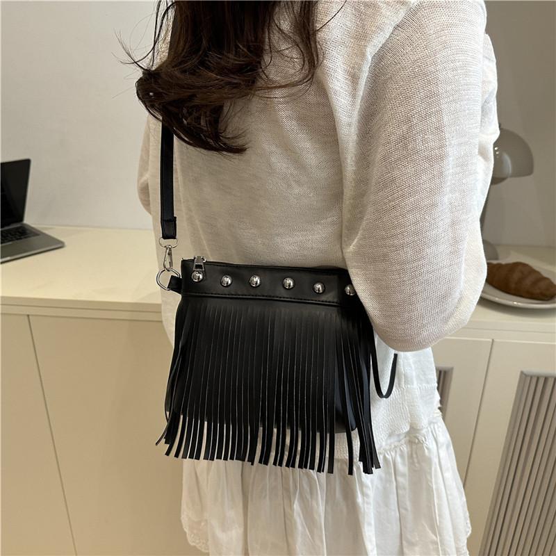 Tassel bag women's bag retro rivet shoulder messenger bag niche design small square bag