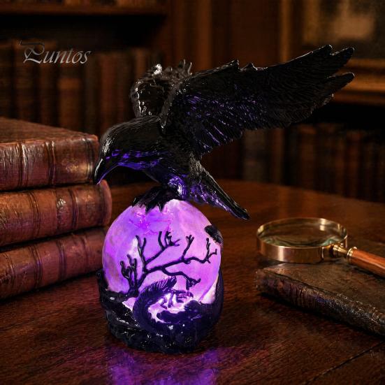 Raven Lamp Resin Gothic LED Ball Lamp, Mysterious Crow On Orb Sculpture, Statement Table Halloween Decorative for Bedside Bedroom Living Room