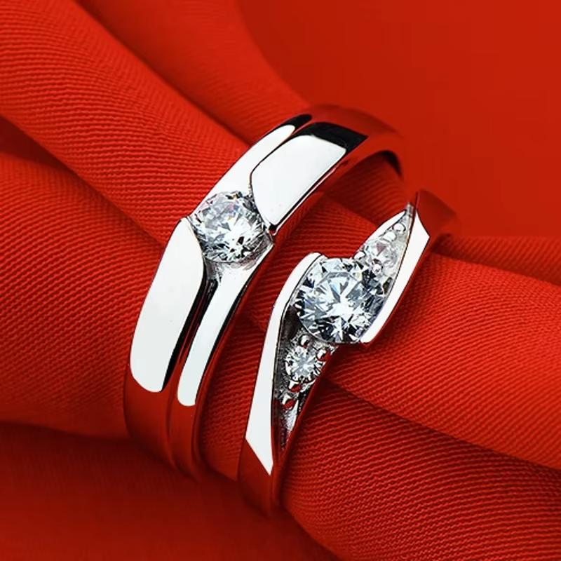 Huajie 2Pcs/set Exquisite Simple Inlaid Brilliant Zircon Couple's Romantic Rings Sets Engagement Personality  Trend