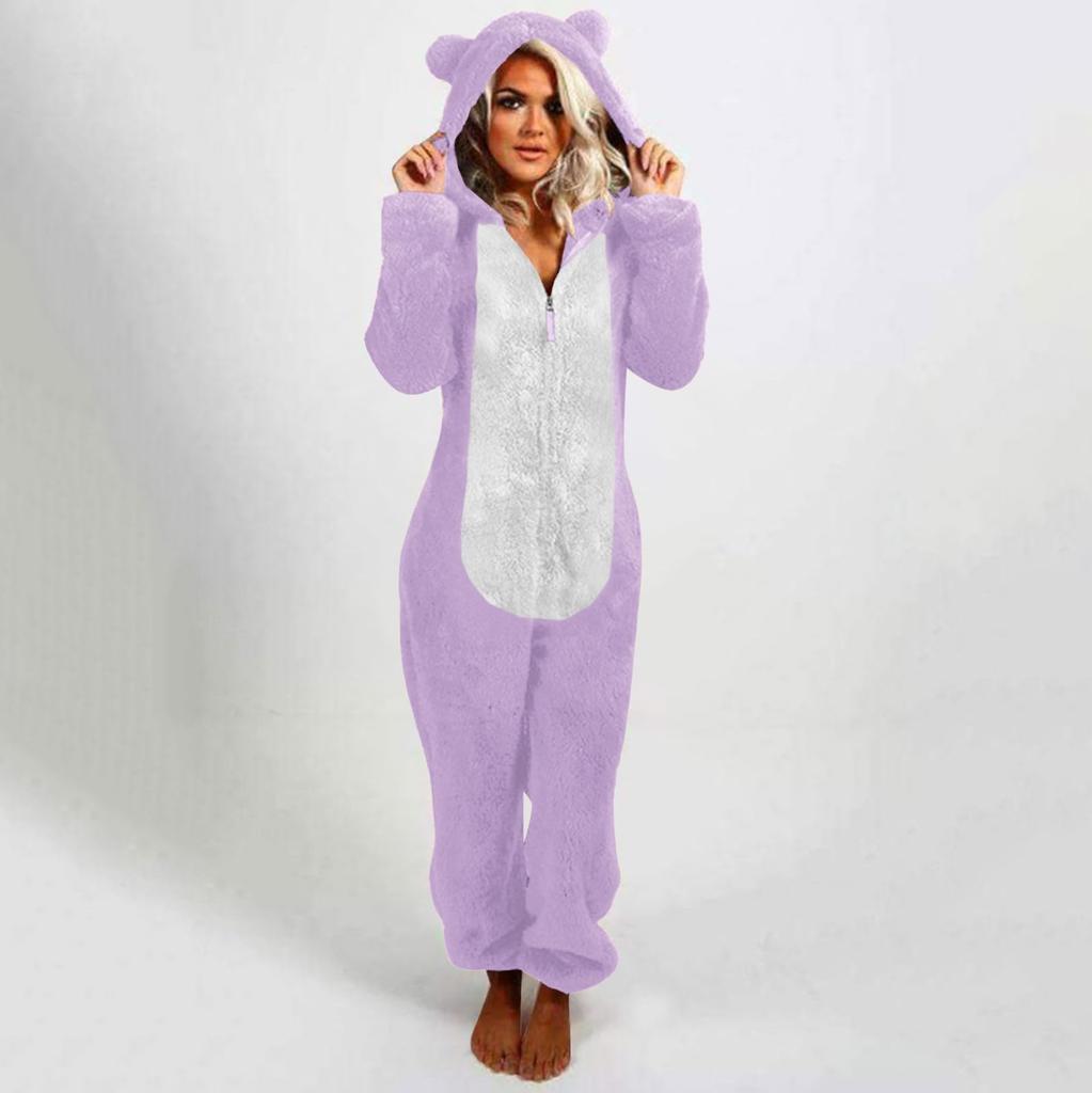 Women's Fashion Fleece-Lined Thickened Fleece Hooded Pyjamas With Zip-Up Onesie