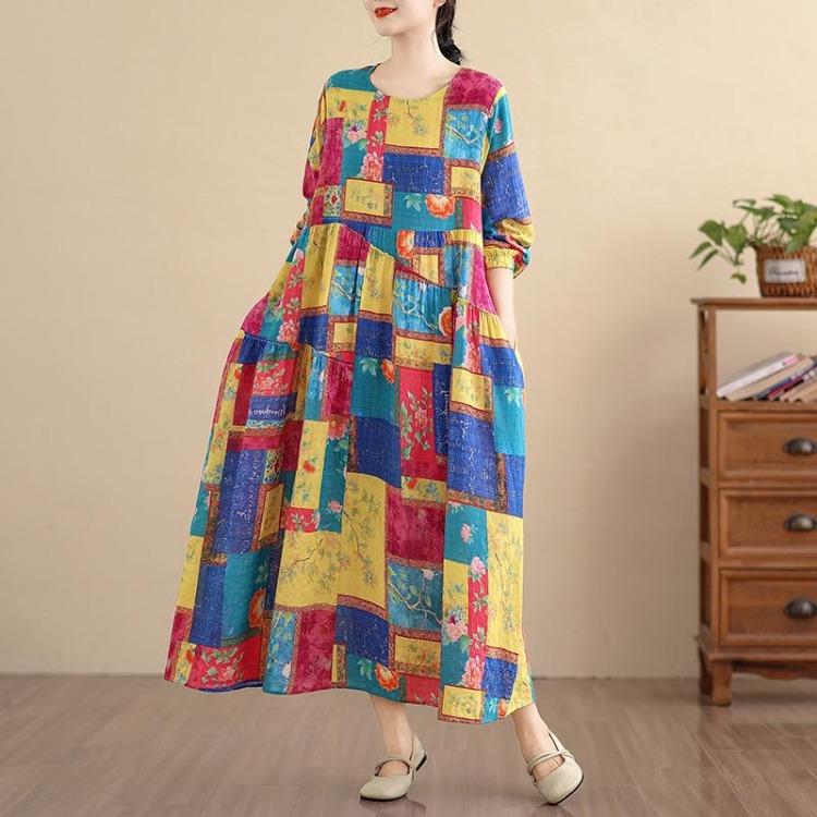 

New Floral Maxi Dress Plus Size Women Oversize Vintage Long Sleeve Spring Loose Basic Long Dress One sizel