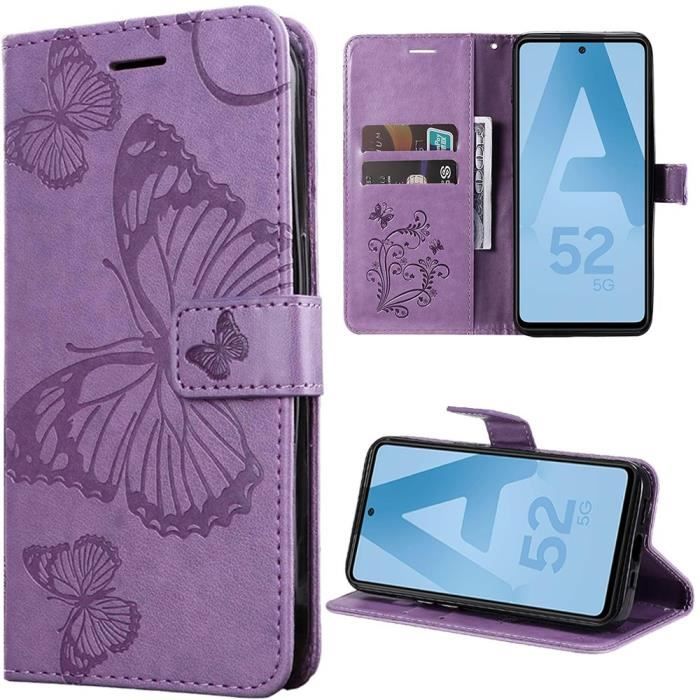 Coque - samsung - galaxy a52 4g/5g - cuir synthétique - violet - motif papillon