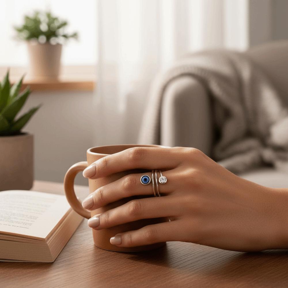 Bague Œil Bleu Double Zirconium Couleur Argent Bague de Doigt Réglable Anneaux Torsadés Tendance Fête