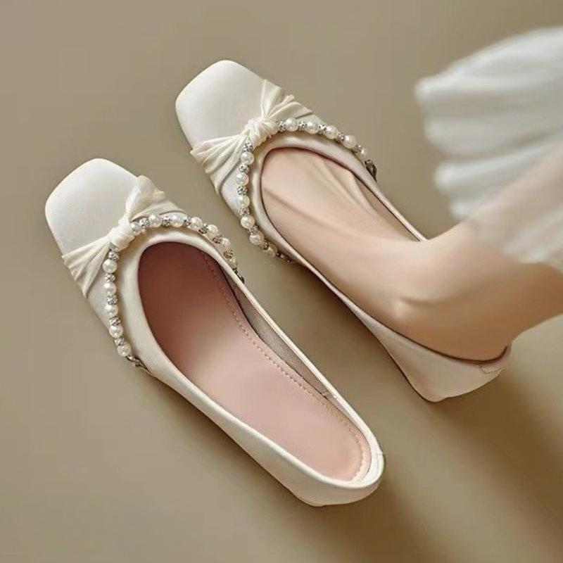 2025 New Shoes for Women's Summer Square Toe Beaded Thick Pumps Womens Versatile Shallow Mouth High-heeled Shoes Women