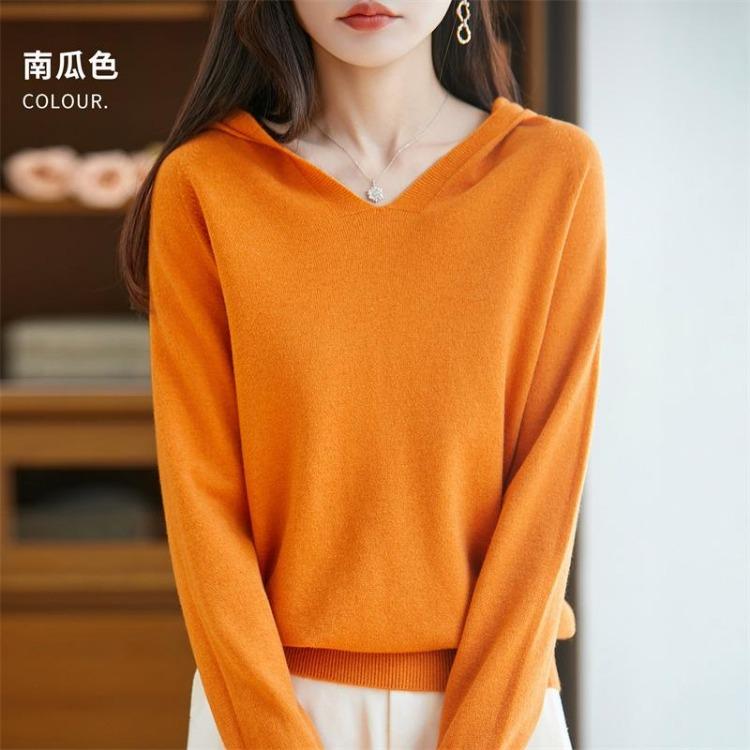 Warm V Neck Hooded Knitted Sweater for Women Autumn Winter Hoodie Sweater