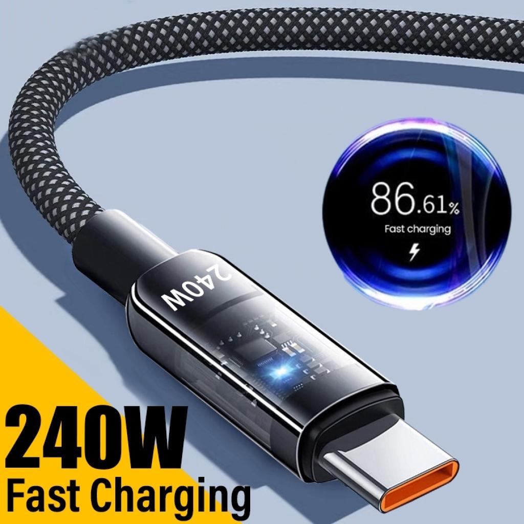 USB A To Type C 240W PD Transparent Fast Charging Cable Data Cord For Mi Huawei Samsung Android Phones USB C Charger Wire