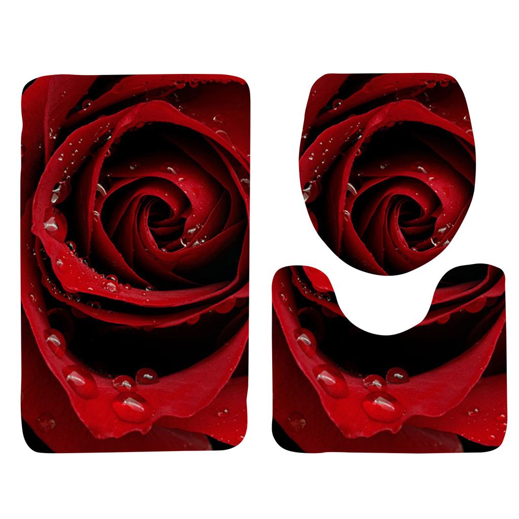 Rose Petal Series Printed Toilet Floor Mat Three-piece Bathroom Slip Carpet Set