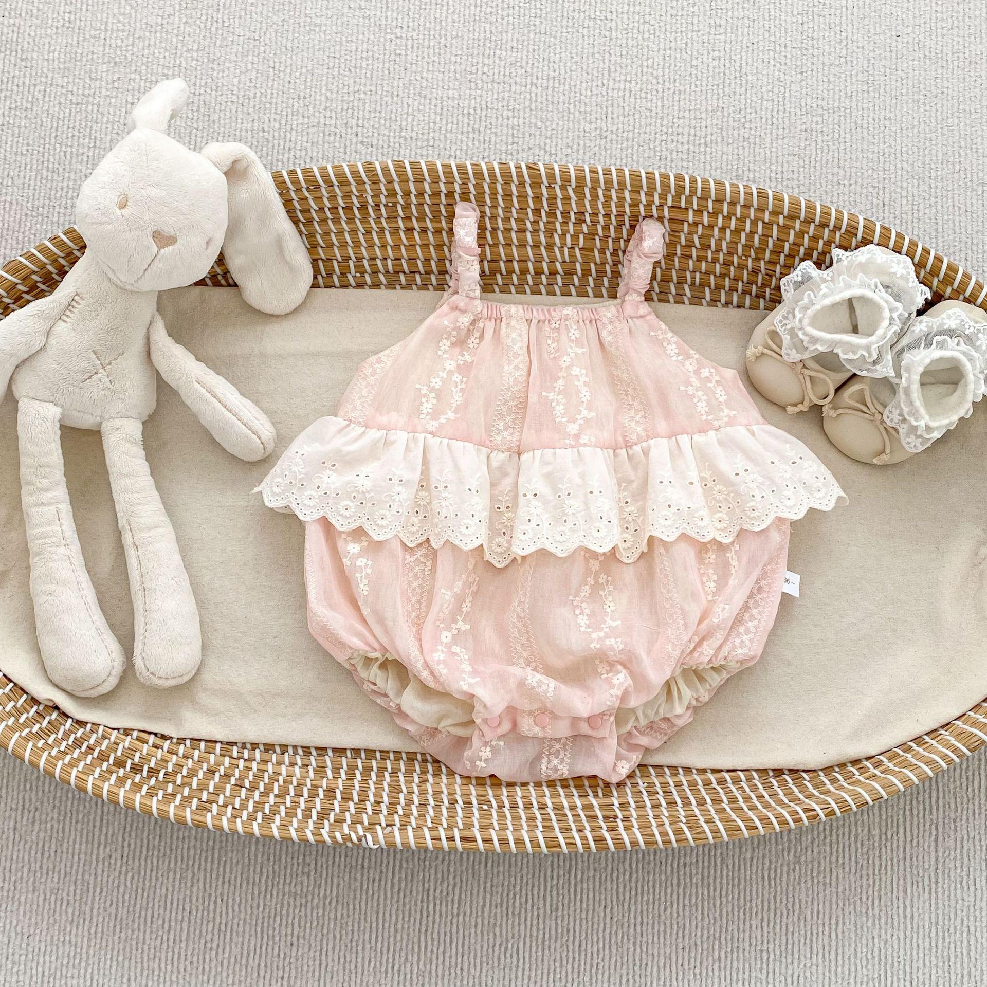 Baby Girl Summer Lace Trim Floral Embroidered Strap Romper 66