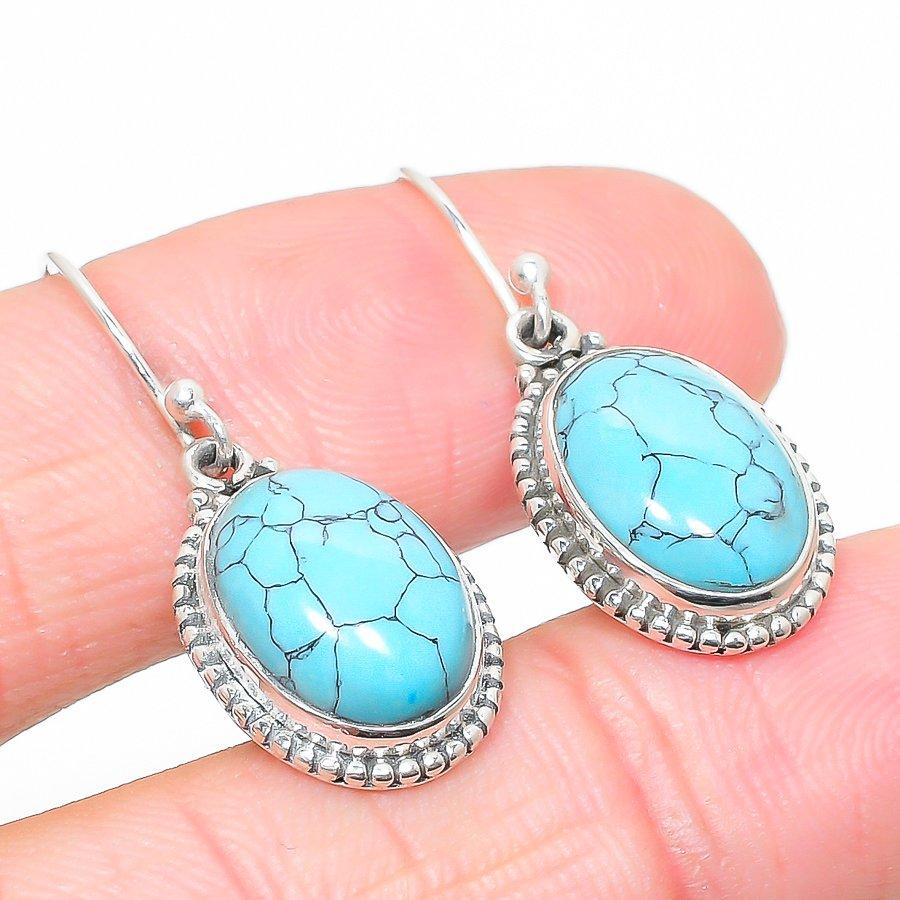 Natural Turquoise Gemstone Handmade 925 Solid Sterling Silver Earring 1.25" W6S86