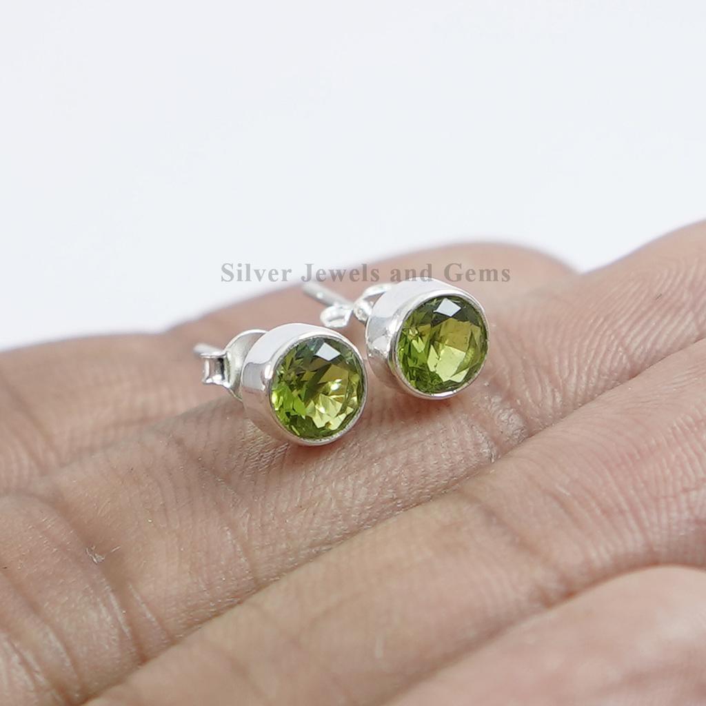 Peridot Stud Earrings, Round Earrings, 925 Sterling Silver Studs, Tiny Stud Earring, Handmade Earrings, Green Peridot Earrings, Gift for her
