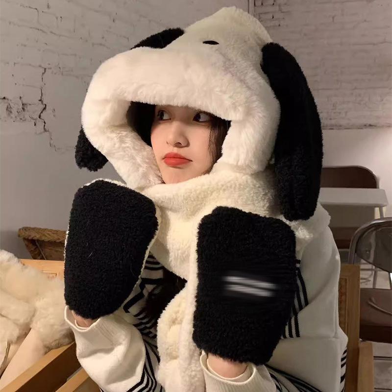 Hat female winter cute Pacha puppy plush thickened scarf gloves integrated hooded warm scarf three-piece set