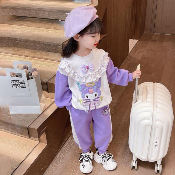 Girls Spring Autumn Cartoon Sweatshirt Set Stylish Lace Trim Baby Two Piece Outfit 90