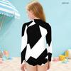Girls High Neck Long Sleeve Front Zip One Piece Swimsuit Black White Geometric Printed