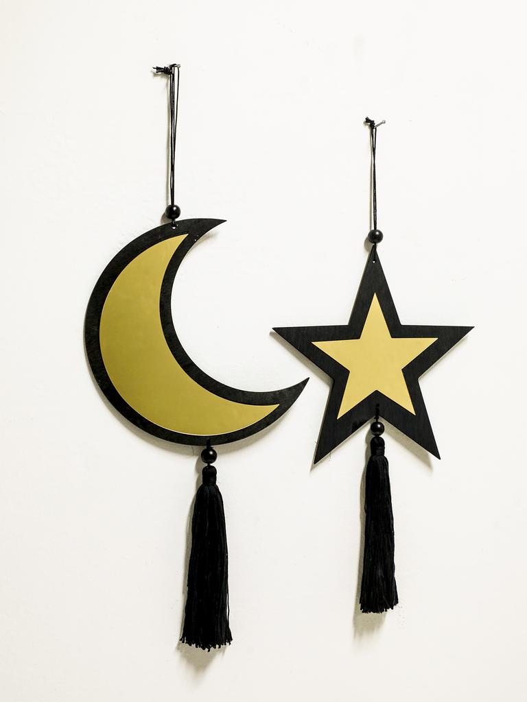 1pc Ramadan Moon Star Golden Mirror Wall Decor,Black Tassel Hanging Ornaments,Islamic Festive Home Decor for Ramadan & Eid Gifts