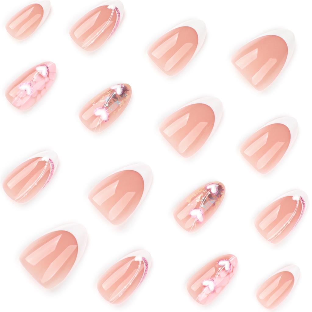 24Pcs French White 3D Heart Design False Nails for Women Manicure Use