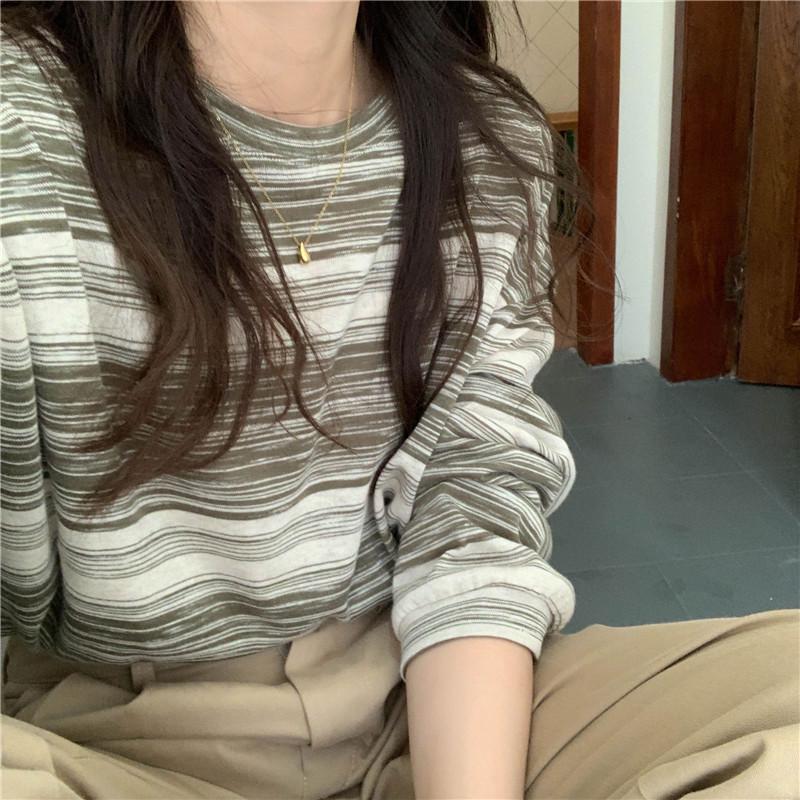 2025 College Style Striped Long-Sleeve Korean Round Neck Loose T-Shirt for Women