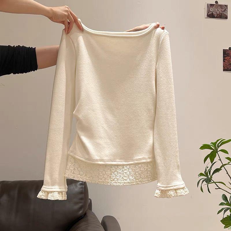 

Женский топ с драпировкой на одно плечо, с длинным рукавом и кружевной отделкой, идеально подходит для ранней весны Medium (40-50 kg) белый