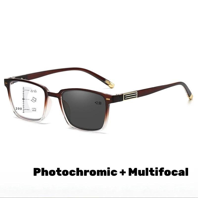 Progressive Multifocales Pochromic Reading Glasses Men's Retro Ultra Light Square Frame Anti Blue Light Eyeglasses Diopter