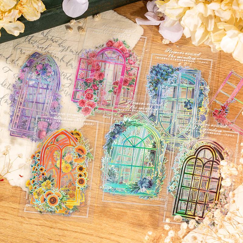 Journamm 10pcs/pack Flowers Window Stickers Laser Silver Decor Junk Journal DIY Srapbooking Aesthetics Stationery PET Stickers