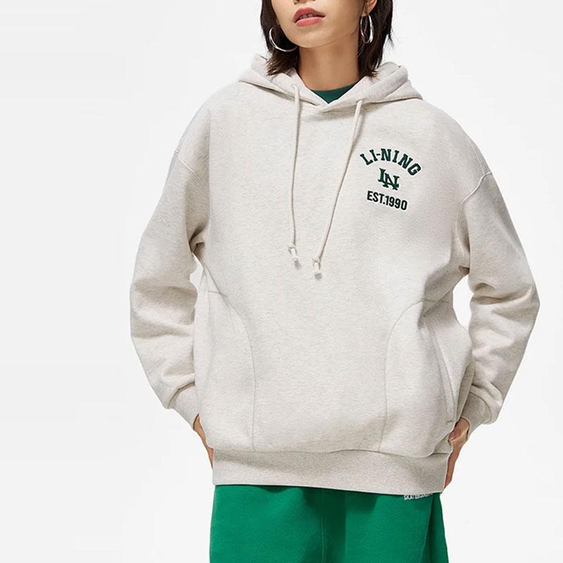 Li Ning Sports Fashion Series Letter Print Hooded Fleece Pullover Sweatshirt Women Sweatshirt Flower-Gray Tile-Gray AWDTE42-4