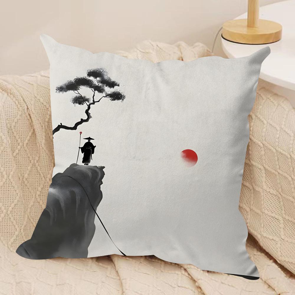 Chinese Ink Painting Style Cushion Cover Silky Short Plush Double-Sided Printed Pillow Case For Sofa All Seasons Home Decor Gift
