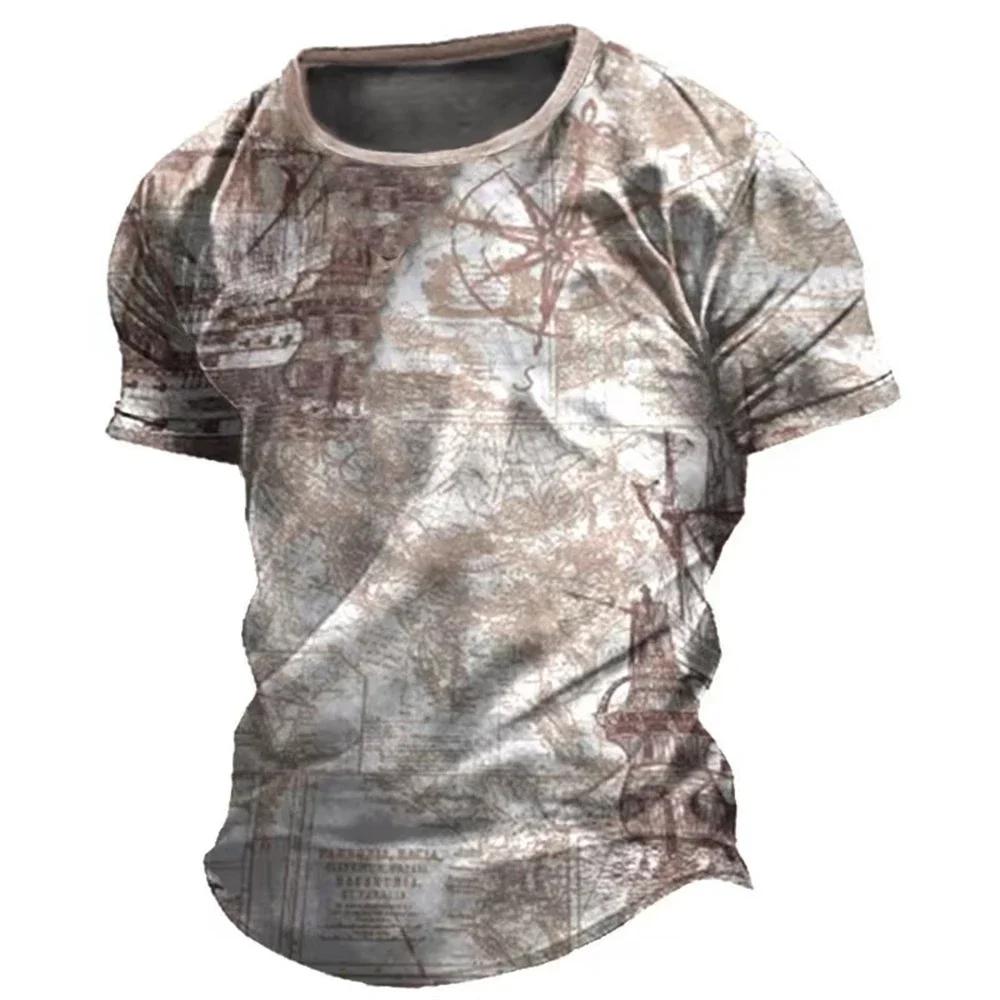 Summer Round Neck Vintage Compass Pattern 3D Print Top Fashionable Casual Short Sleeved Men's T-shirts