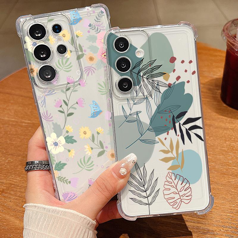 Flower Leaf Pattern Phone Case For Samsung Galaxy S26 S25 S24 S23 Ultra S22 S26 Plus S21 S24 S25 FE Clear Shockproof Soft Cover