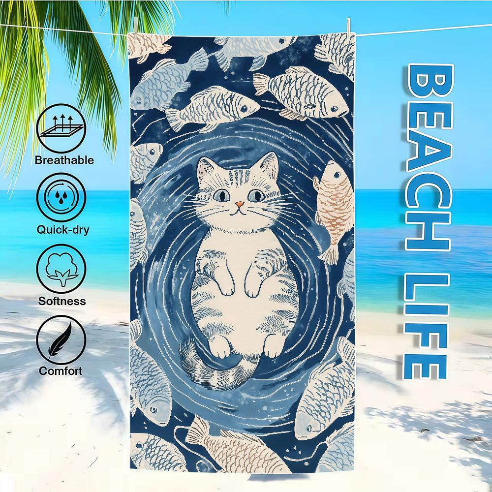 

Fish Towel Textile Bathrobe Beach Pattern Quick-Drying Funny Cat Lightweight Portable Retro Camping Swim Pool Travel W40*H60(CM)