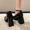 2024 Bowtie Ankle Strap Pumps for Women Balck White High Heel Platform Mary Janes Woman Square Heel Patent Leather Party Shoes