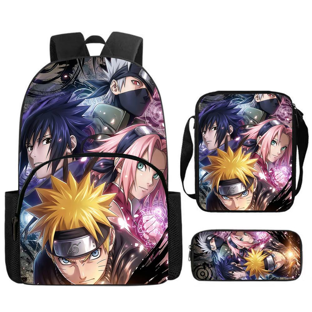 3Pcs Set NARUTO Anime School Backpack With Front Pocket & Crossbody Bag & Pencil Bag,Durable&Lightweight,for Boys&Girls Age 5-11
