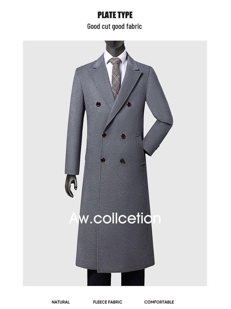 Men's Double-Breasted Wool Blend Over-the-Knee Coat
