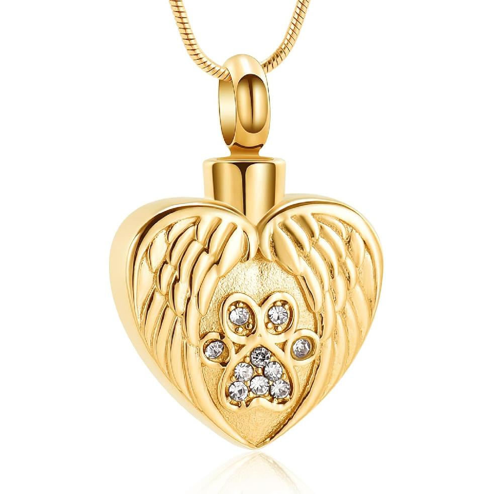 Heart Paw Print Urn Necklace for Ashes for Dog Cremation Jewelry Angel Wing Heart Urn Locket Pendant for Dog/Cat