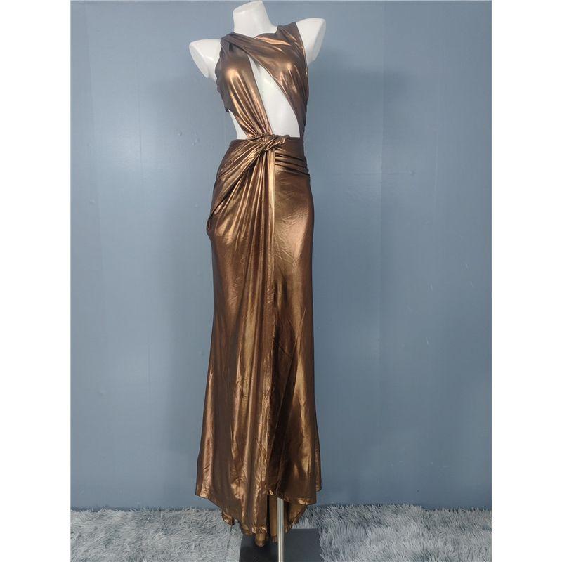 

Foreign Trade Order Blazing Super Sexy Chest Leakage Gyaru Design Navel Gas Field Split Long Legs Trailing Evening dress Brown XL