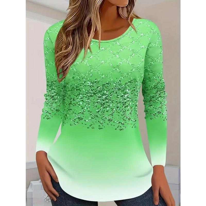 Spring and Autumn Round Neck 3D Gradient Printed Top Fashionable Casual Elegant Long Sleeved Women's T-shirts