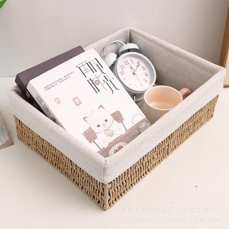 Woven Desktop Storage Basket Office Home Use Natural Fiber Organizer Snacks Stationery Cosmetics Cables
