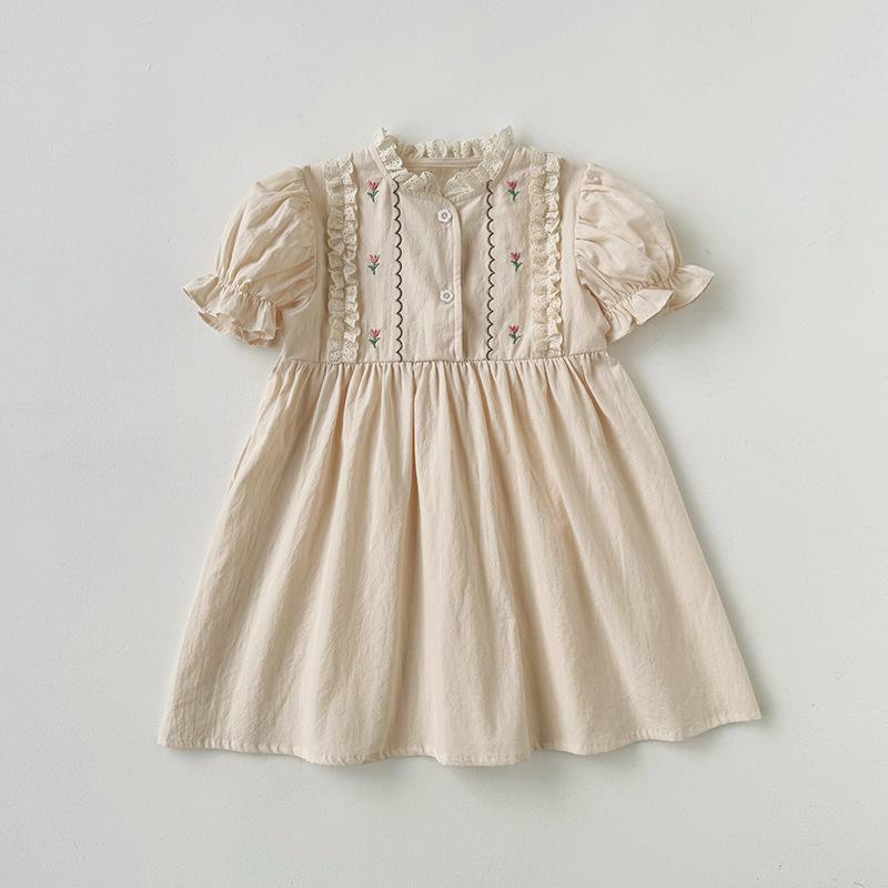 Sweet Girls Summer Dress With Floral Embroidery Stand Collar Short Sleeve Cute Baby Girl Dress For Kids 130cm абрикосовый
