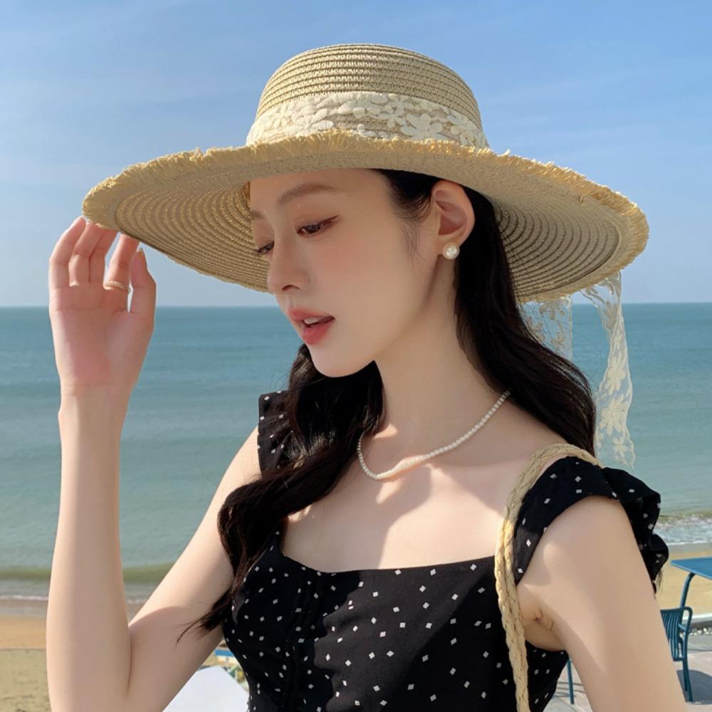 Breathable Wide Brim Sun Hat Large Brim Sunshade Cap Vacation Lace Bowknot Straw Hat  Woman