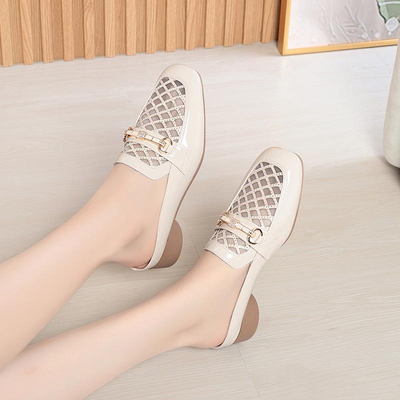 Fashion Lady Elegant Black Pu Soft Leather Spring Slip On Square Heel Shoes For Spring Summer Luxury Brand Hollow Breath Solid Shoes