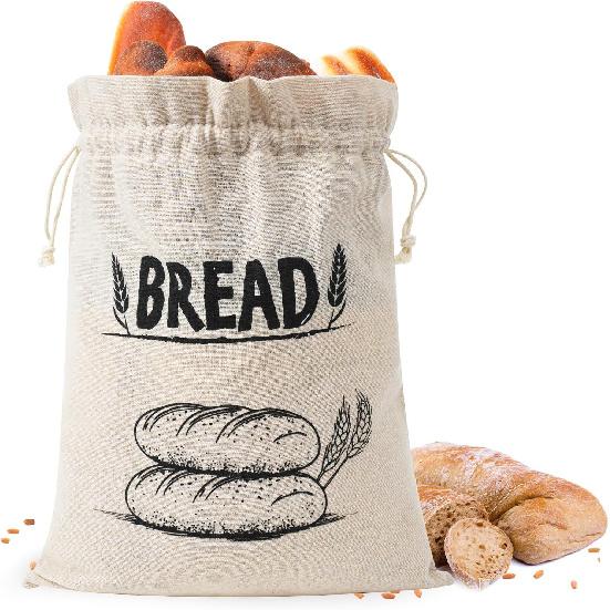 Bread Bags for Homemade Bread, Linen Bread Bag Storage, Reble Sourdough Bread Bags with Plastic Liner, Drawstring Bread Container for Toast, Plastic Lined
